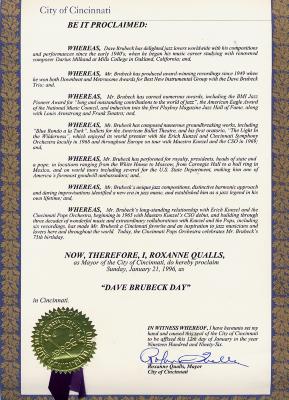 Proclamation, Dave Brubeck Day (Cincinnati, Ohio)