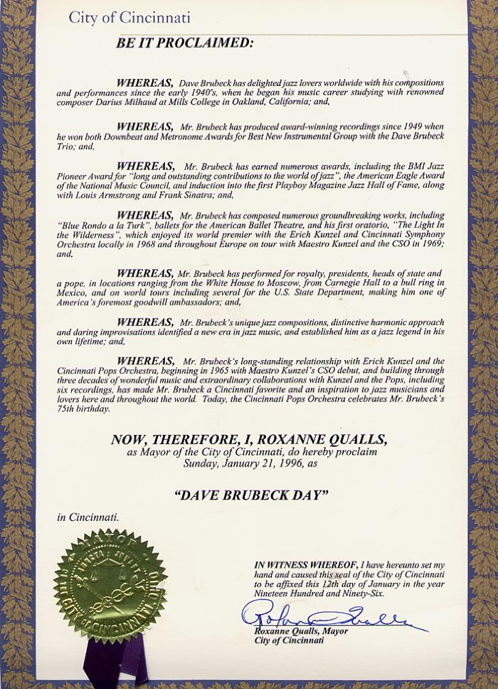 Proclamation, Dave Brubeck Day (Cincinnati, Ohio)