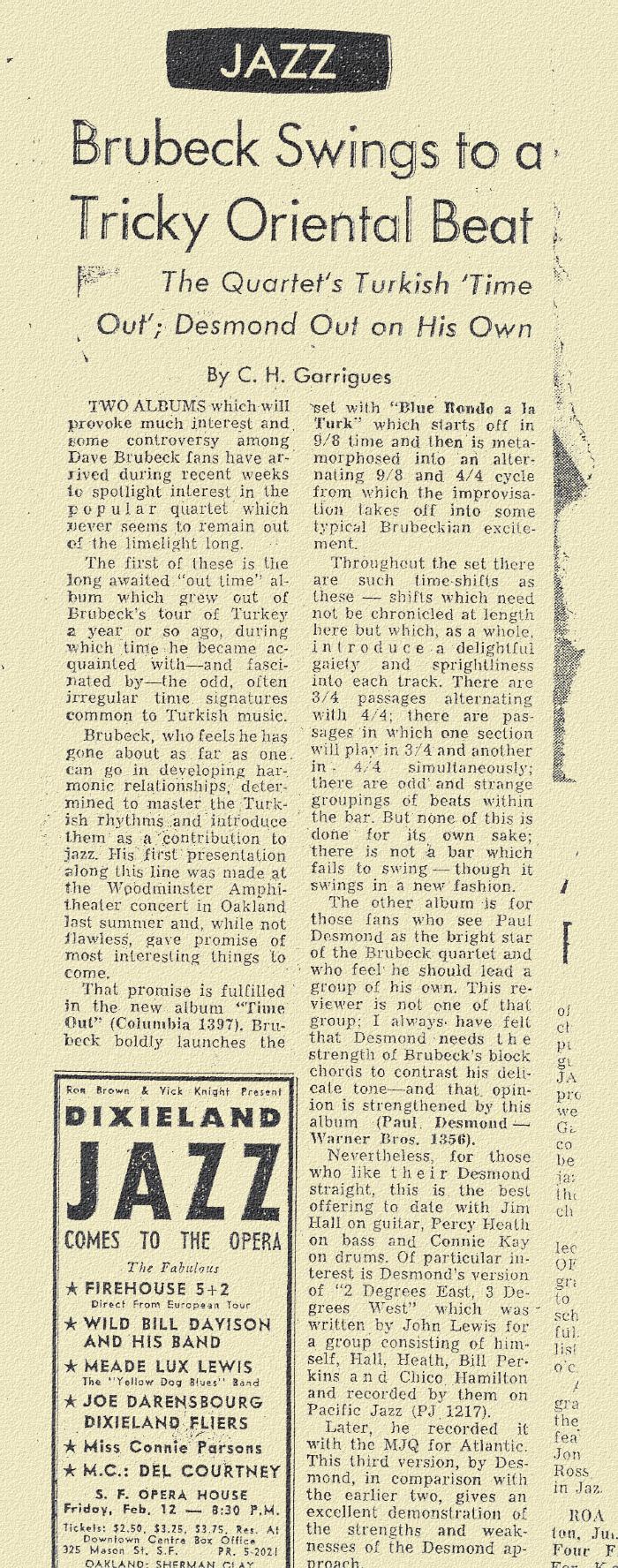 C. H. Garrigues, "Brubeck swings to a tricky oriental beat (Time Out)," San Francisco Examiner (California)