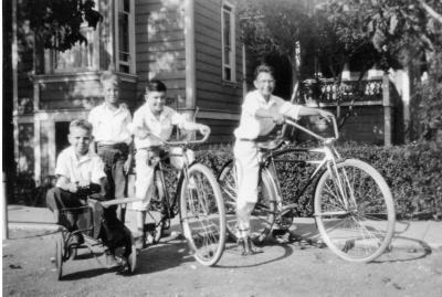 Dave Brubeck, Bob Skinner, and two unidentified boys on bicycles (Concord, California)