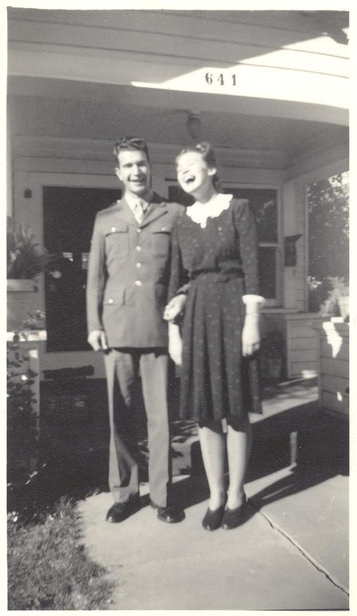 Dave Brubeck, Iola Brubeck in front of Whitlock home (Stockton, California)