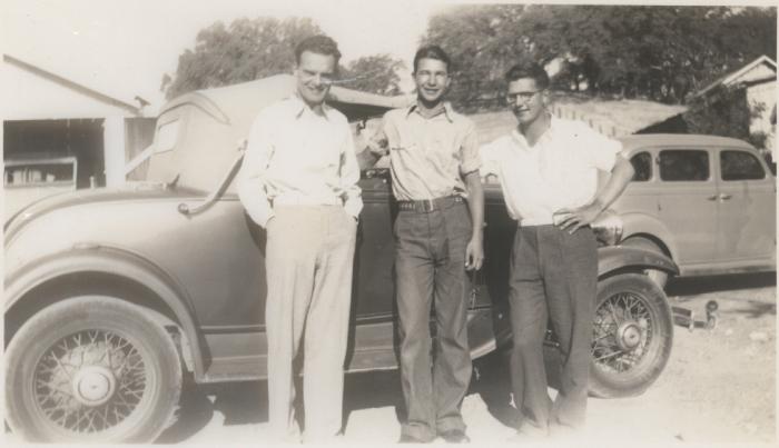 Henry Brubeck, Dave Brubeck and Howard Brubeck in front of Henry's 1932 Chevy roadster (Ione, California)