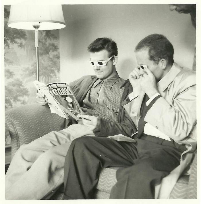 Ron Crotty and Cal Tjader reading 3-d comic book