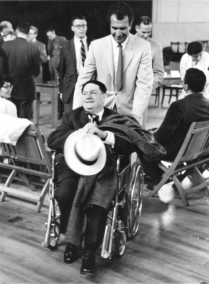 Dave Brubeck wheeling Darius Milhaud at a concert of Milhaud's music (San Francisco State University, California)