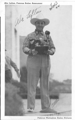 Abe Lefton, rodeo announcer postcard]