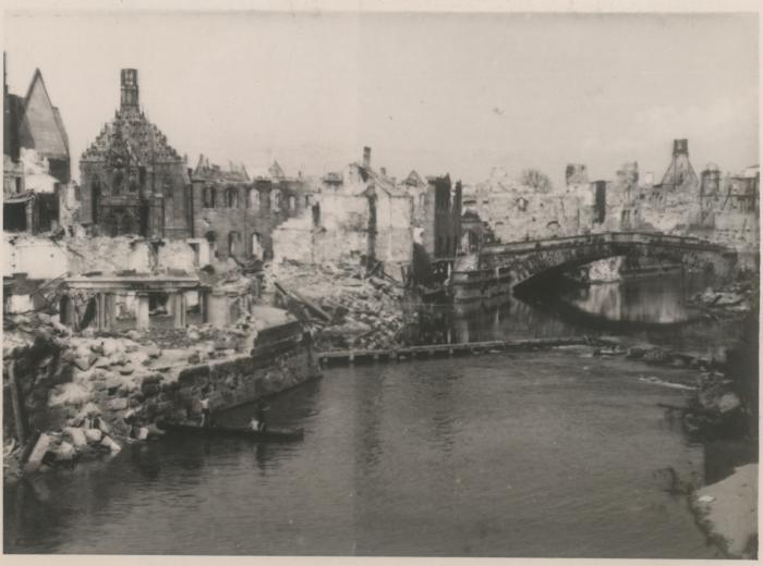 Unidentified German city in ruins -- View toward cathedral