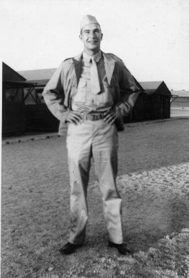 Dave Brubeck in front of barracks (Camp Haan, Riverside, California)