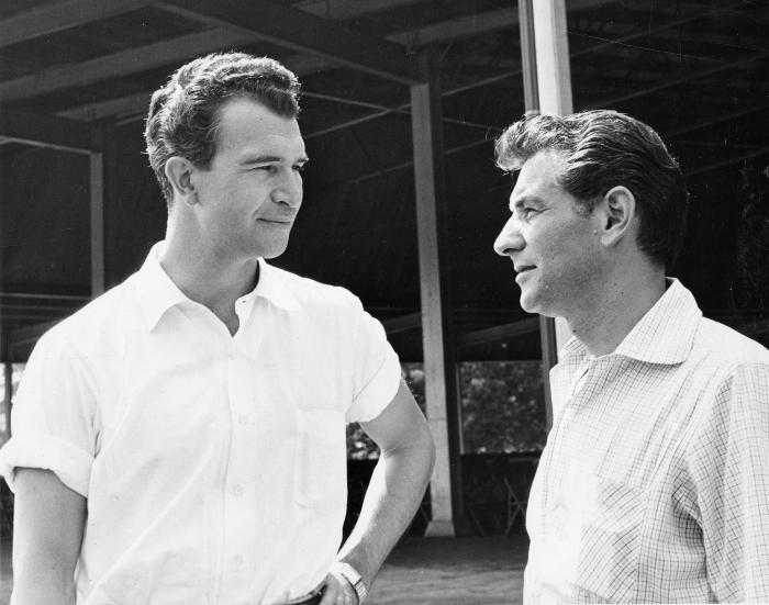 Dave Brubeck and Leonard Bernstein before a performance of Howard Brubeck's "Dialogues…" (Tanglewood, Lenox, Massachusetts)