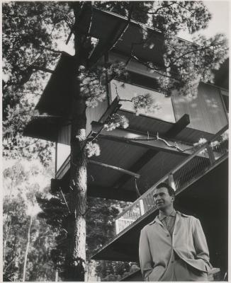 Dave Brubeck in front of home #2 -- (Oakland, California) (8x10; credit: Bethlehem Pacific)