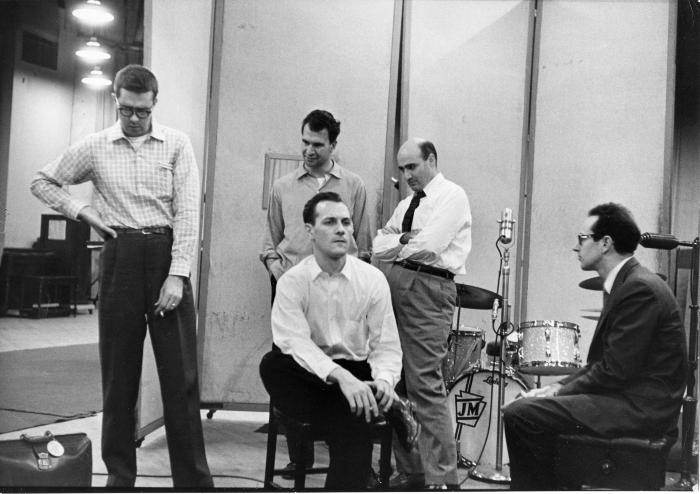 Joe Morello, Dave Brubeck, George Avakian (Columbia producer), Norman Bates, and Paul Desmond listening to playback (New York City, New York [?])