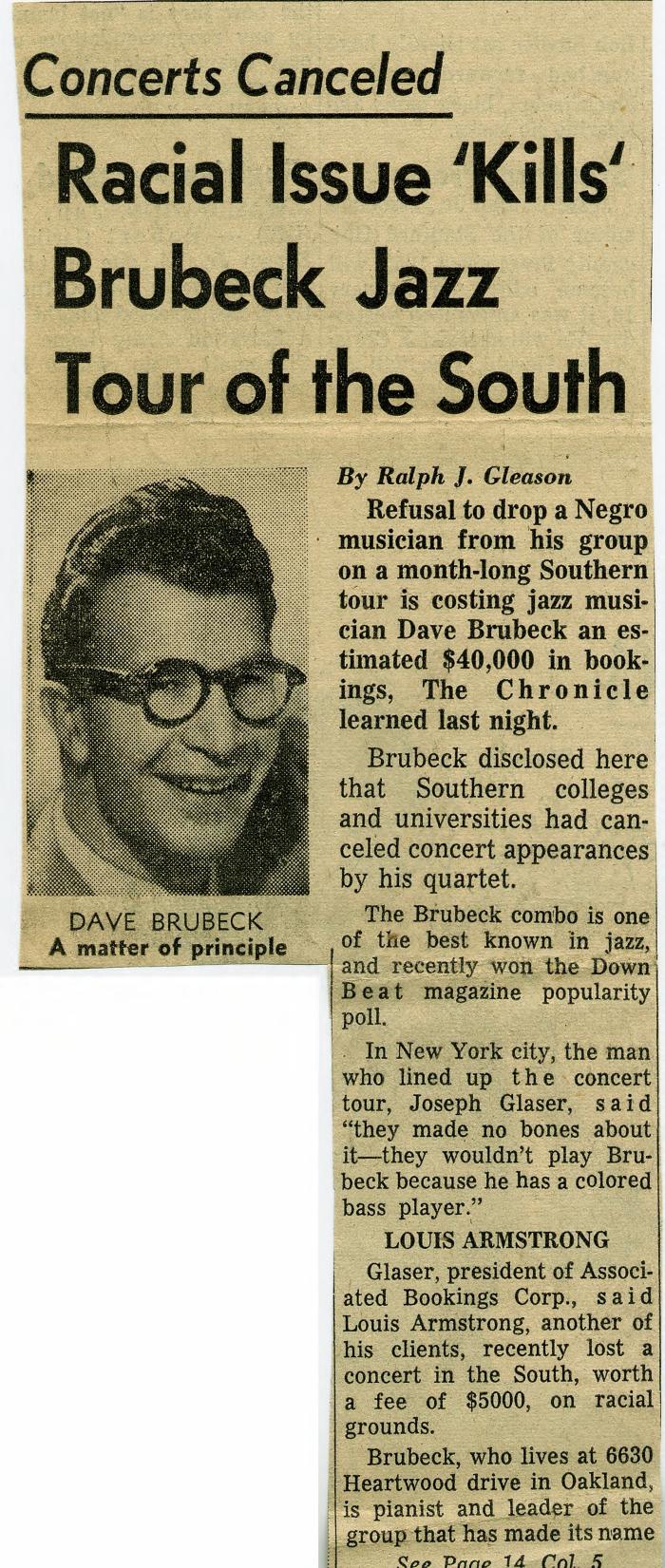 Ralph Gleason, "Concerts Canceled, Race Issue 'Kills' Brubeck Jazz Tour of the South"