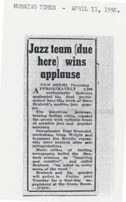 "Jazz team (due here) wins applause," Morning Times (New Delhi, India)