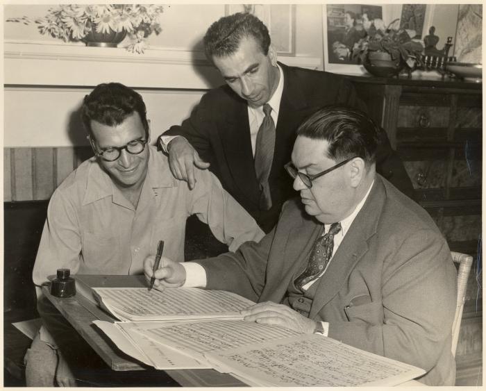 Dave Brubeck, Michael Random, Darius Milhaud going over score (Oakland, California)