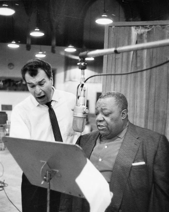 Dave Brubeck and Jimmy Rushing vocalizing during a Columbia Record recording session (New York City, New York)