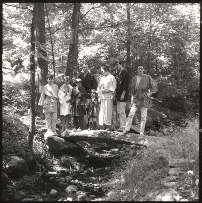 Dave Brubeck and family in Japanese costume on bridge