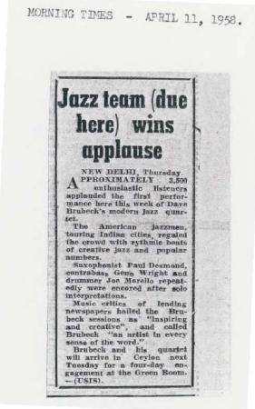 "Jazz team (due here) wins applause," Morning Times (New Delhi, India)