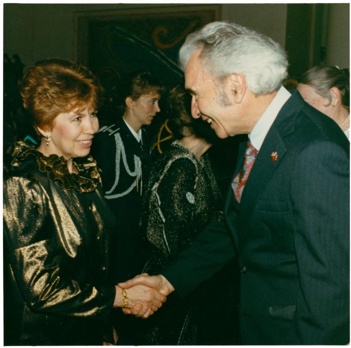 Dave Brubeck, Raisa Gorbachev, Mikhail Gorbachev, Chris Brubeck, Nancy Reagan, Bill Smith, Ronald Reagan, Russell Gloyd (Spaso House, Moscow, Russia)