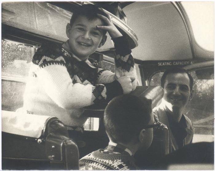 Darius Brubeck, Michael Brubeck and Ronny Scott on a bus (United Kingdom)