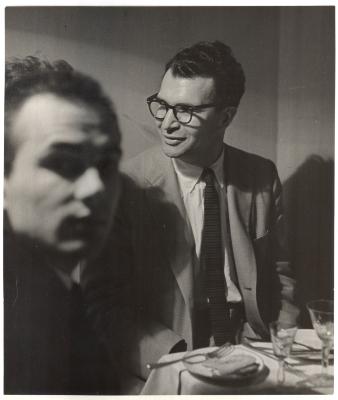 Dave Brubeck at table with unidentified man (Poland)