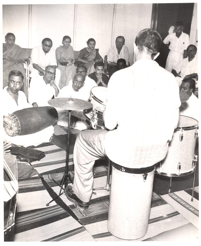 Joe Morello demonstrating his drum techniques to unidentified Indian musicians (Madras, India)