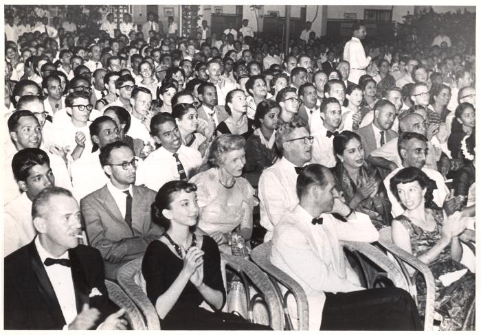 Audience of Indian, British, American VIPs seated in front row and others enjoying Dave Brubeck Quartet performance #2 (India)