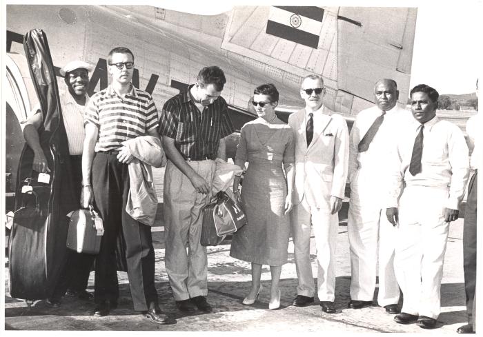 Classic Dave Brubeck Quartet with Rachel and John Wiggin standing in front of Air India plane (India)