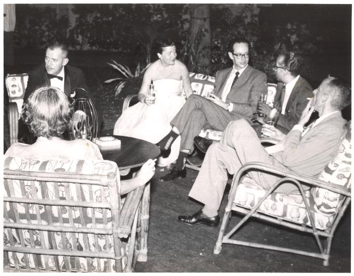 Paul Desmond sitting between Rachel and John Wiggin (unidentified woman with back to camera) to the left; to his right Nayarana Menon and unidentified gentleman (Madras, India)