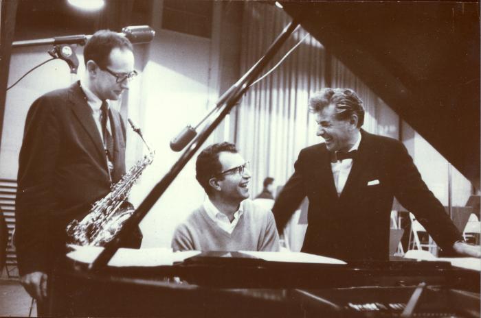 Dave Brubeck, Paul Desmond, Leonard Bernstein in rehearsal of Howard Brubeck's "Dialogues…" (New York City, New York)