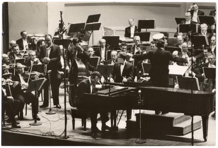 Classic Dave Brubeck Quartet, Leonard Bernstein conducting the New York Philharmonic in Howard Brubeck's "Dialogues…" (New York City, New York)