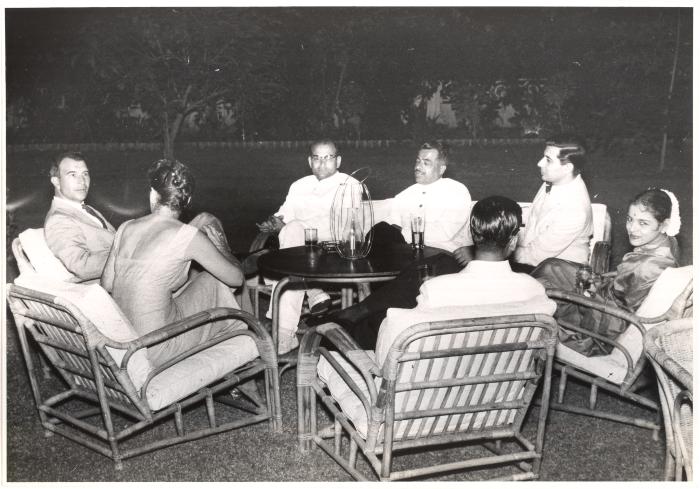 Dave Brubeck, S. Balachander, center and other unidentified guests at a reception (India)