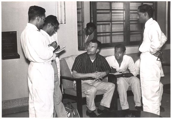 Dave Brubeck with music students (or Indian press) (India)