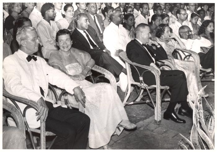 Audience of Indian, British, American VIPs seated in front row and others enjoying Dave Brubeck Quartet performance #1 (India)