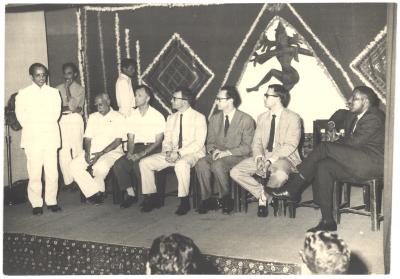 Mr. H. B. Shukla, Secretary of the Sanrashtre Sangit Natak Academy greeting Dave Brubeck Quartet at a reception (Rajkot, India)