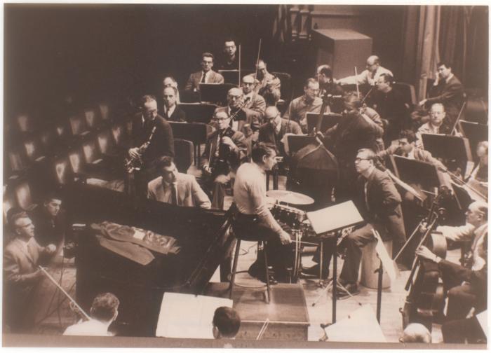 Howard Brubeck, Dave Brubeck, Paul Desmond, Leonard Bernstein, Joe Morello, Eugene Wright (L-R), members New York Philharmonic Orchestra during a rehearsal of Howard Brubeck's "Dialogues…" (New York City, New York)