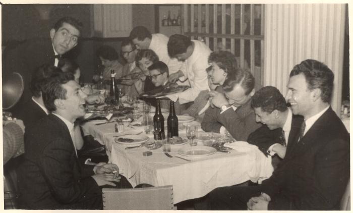 Dave Brubeck, Iola Brubeck, Darius Brubeck, Michael Brubeck, Joe Morello unidentified others dining (Turkey)