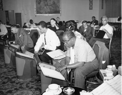 Members of "The Real Ambassadors" at rehearsal (St. Francis Hotel, San Francisco, California)