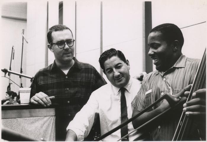 Joe Morello, Eugene Wright and Teo Macero in studio