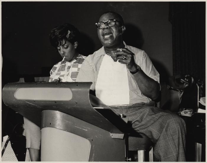 Carmen McCrae and Louis Armstrong during a rehearsal for "The Real Ambassadors" (St. Francis Hotel, San Francisco, California)