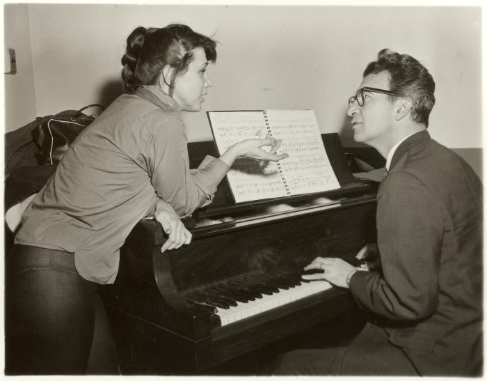 Dave Brubeck at piano, Dania Krupska talking to Dave Brubeck (American Ballet Theatre, New York City, New York)