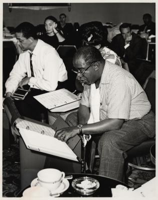 Members of "The Real Ambassadors" at rehearsal (St. Francis Hotel, San Francisco, California)