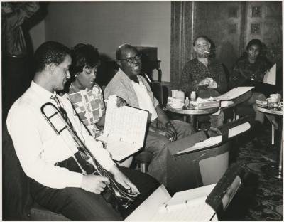 Members of "The Real Ambassadors" at rehearsal (St. Francis Hotel, San Francisco, California)