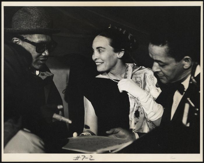 Benny Carter, Iola Brubeck, and Trummy Young during performance of "The Real Ambassadors" (Monterey Jazz Festival, Monterey, California)