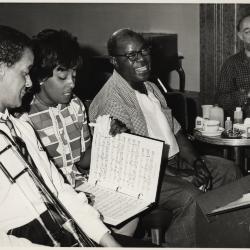 Members of "The Real Ambassadors" at rehearsal (St. Francis Hotel, San Francisco, California)