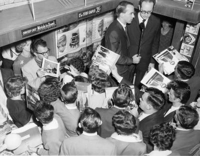 Paul Desmond at the microphone, interviewed by Myke Dyer, Dave Brubeck signing albums (Brash's Music Store, Melbourne, Australia)