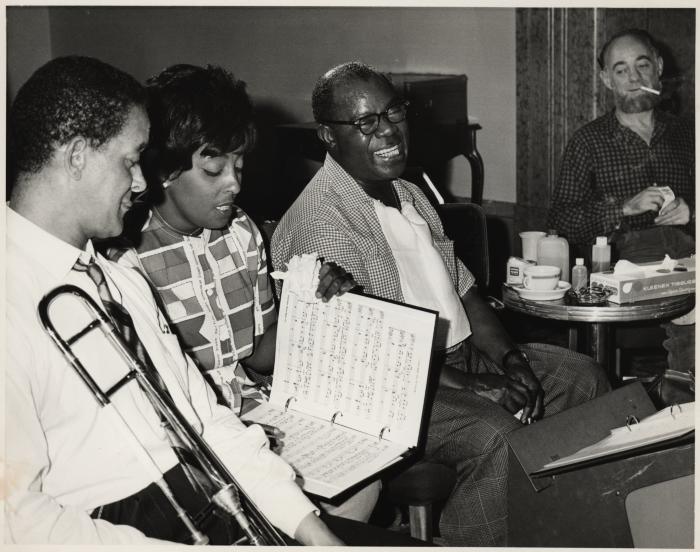 Members of "The Real Ambassadors" at rehearsal (St. Francis Hotel, San Francisco, California)