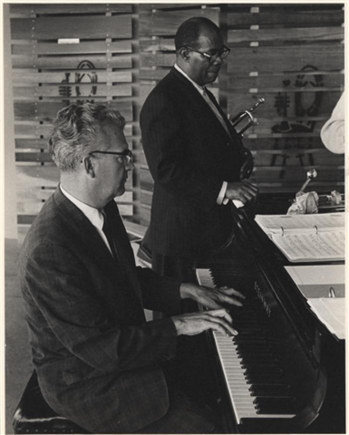 Howard Brubeck and Louis Armstrong during rehearsal of the "Real Ambassadors" (Monterey Jazz Festival, Monterey, California)