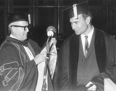 Dr. Robert E. Burns, President of the University of the Pacific  presenting Dave Brubeck an honorary doctorate from his alma mater (Stockton, California)