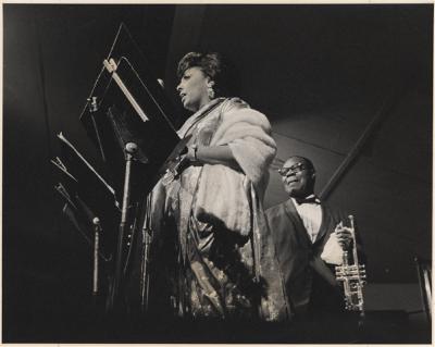 Carmen McCrae and Louis Armstrong at performance of "The Real Ambassadors" (Monterey Jazz Festival, Monterey, California)