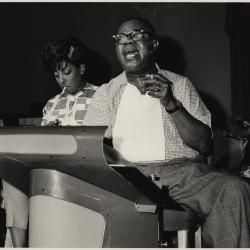 Carmen McCrae and Louis Armstrong during a rehearsal for "The Real Ambassadors" (St. Francis Hotel, San Francisco, California)