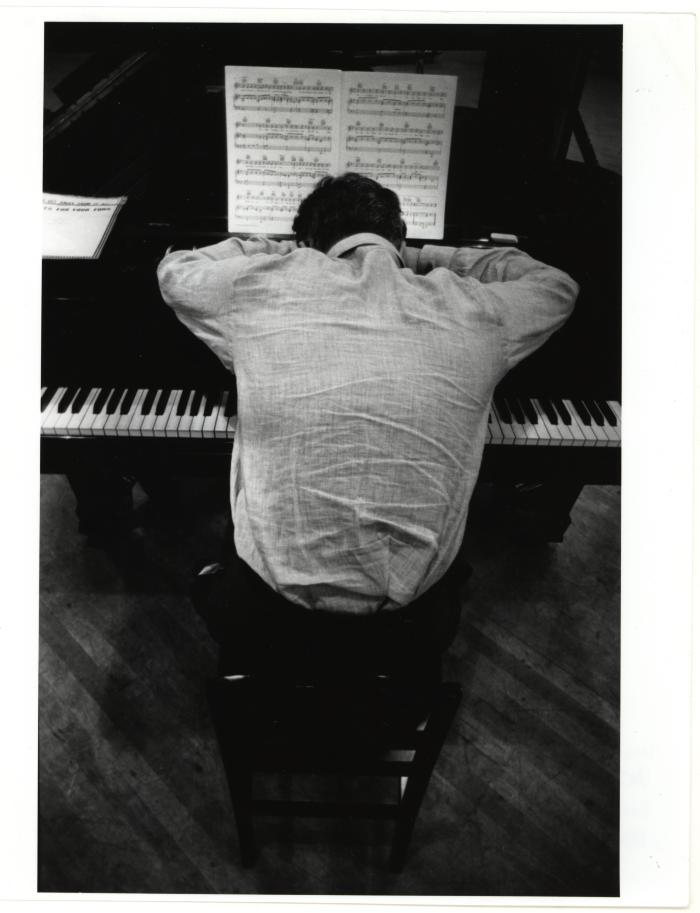 Dave Brubeck collapsed at the piano with sheet music (New York City, New York)